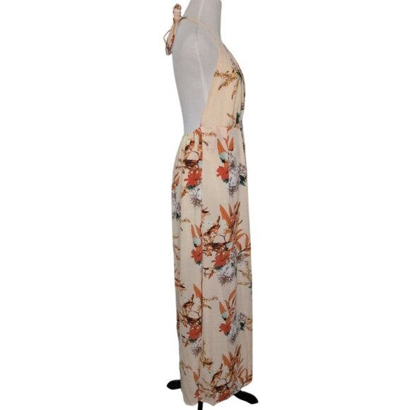 Simplee Floral Halter Maxi Dress Womens Size Medium Orange V Neck Open Back NEW - Picture 8 of 11